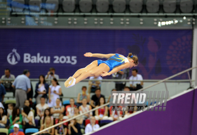 Bakı-2015 Avropa Oyunları çərçivəsində batut gimnastikası üzrə kişilər və qadınlar arasında təsnifat yarışları. Azərbaycan, 17 iyun 2015 